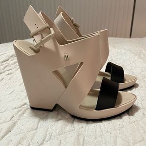 Melissa Jelly Platform Heel Sandals in off white and black.